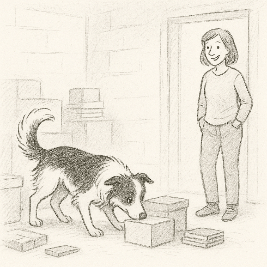 Schwarz-weiß Skizze: Hund schnüffelt neugierig zwischen Schachteln im Keller, Frau steht seitlich und beobachtet ihn lächelnd – Illustration für Onlinekurs ‚Kellerspiele Hundebeschäftigung