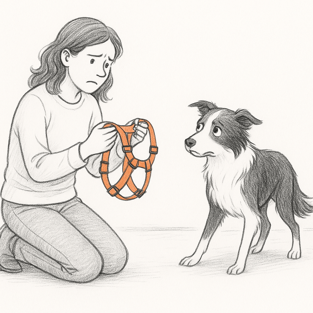 Schwarz-weiß Skizze: Frau hält ein orangefarbenes Hundegeschirr in der Hand, Hund steht unsicher und will ausweichen – Illustration für Onlinekurs ‚Geschirr mit Freude anziehen