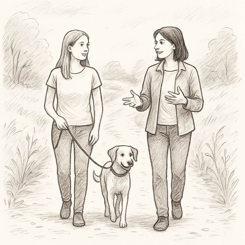 Persönliches Coaching vor Ort. Hundebesitzerin übt mit Hund, Trainerin begleitet im Hintergrund.