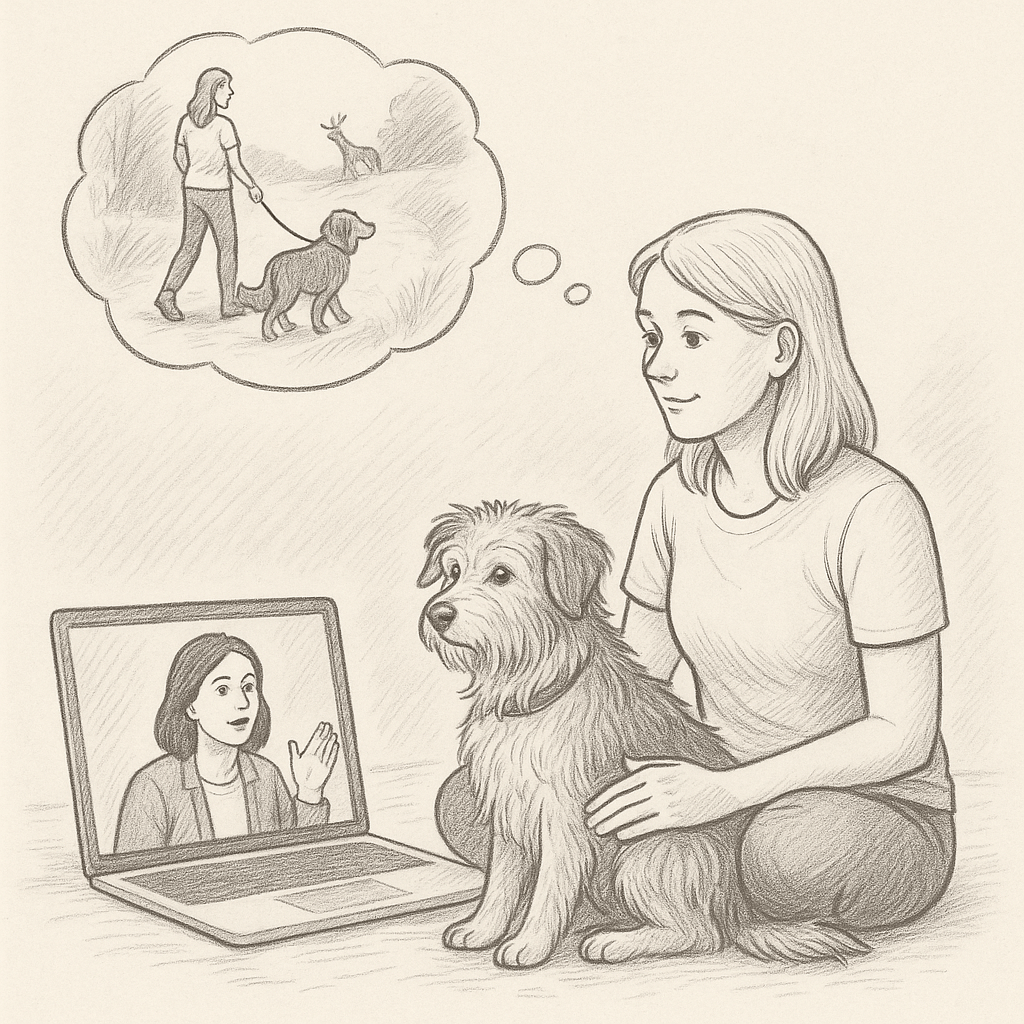 Onlinecoaching – persönliche Begleitung, egal wo du bist. Frau sitzt mit Hund vor Laptop im Videocall mit Hundetrainerin.