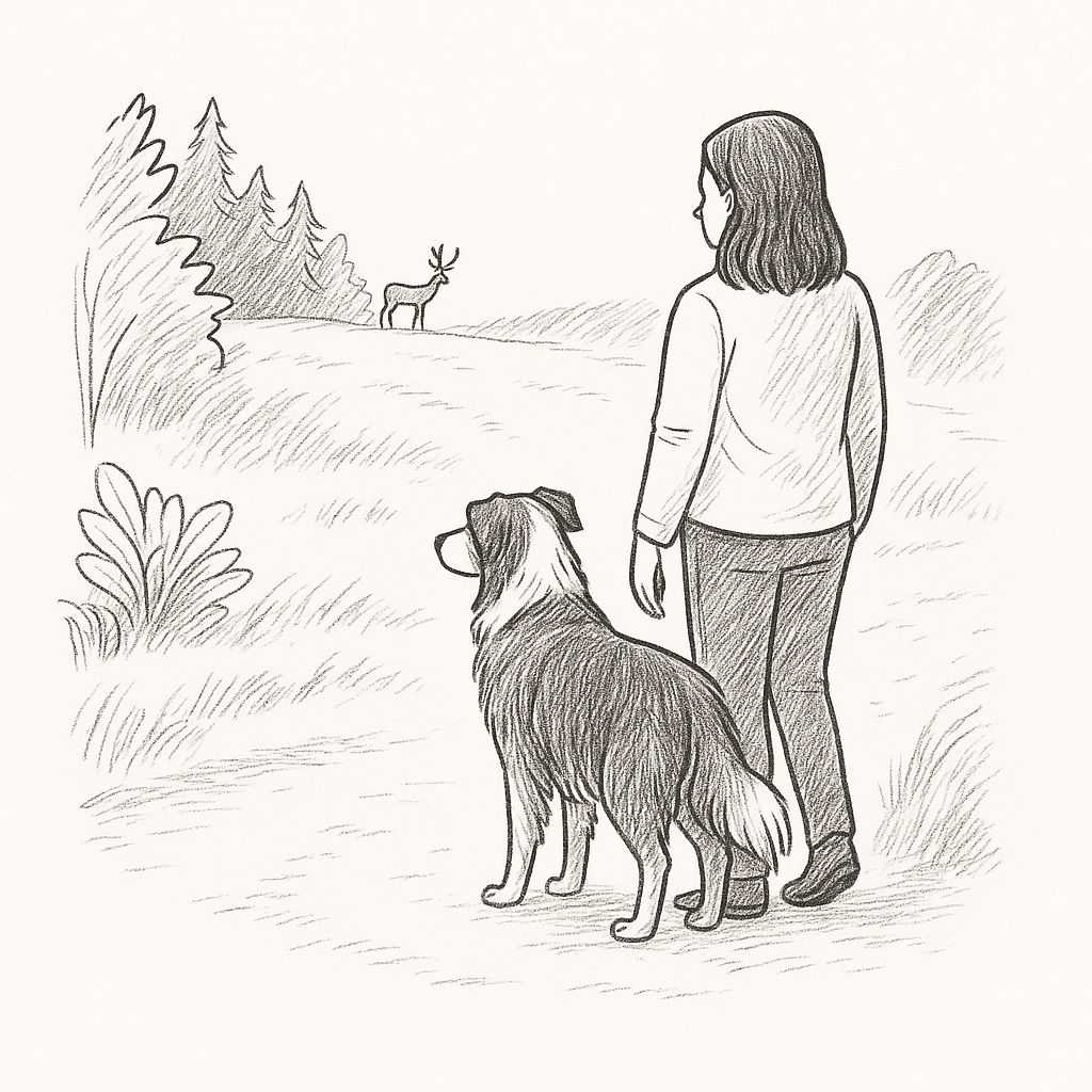 Hundeerziehung in echten Alltagssituationen. Frau und Hund schauen in der Natur gemeinsam auf ein Reh.