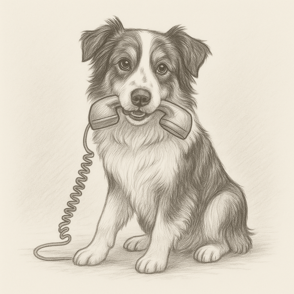 Melde dich – dein Hund würde es sofort tun! Australian Shepherd hält spielerisch einen Telefonhörer im Maul.