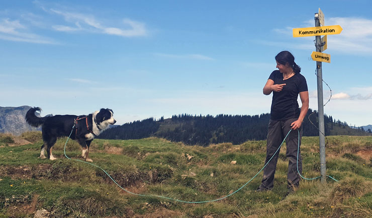 Hund-Mensch-Kommunikation im Alltag: Frau mit Hund an langer Leine, Wegweiser ‚Kommunikation‘/‚Umweg‘.