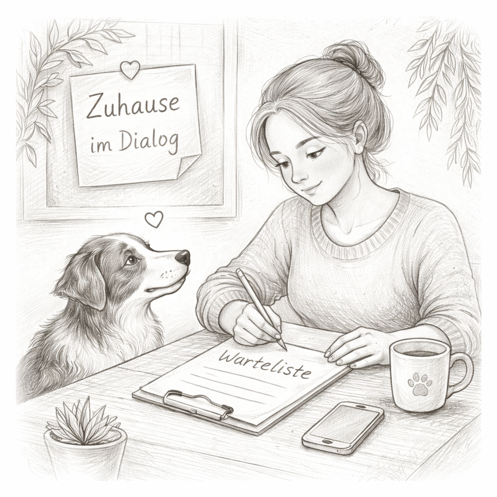 Bleistiftzeichnung: Frau trägt sich mit Hund in Warteliste für Onlinekurs „Zuhause im Dialog“ zur Hund-Mensch-Kommunikation ein