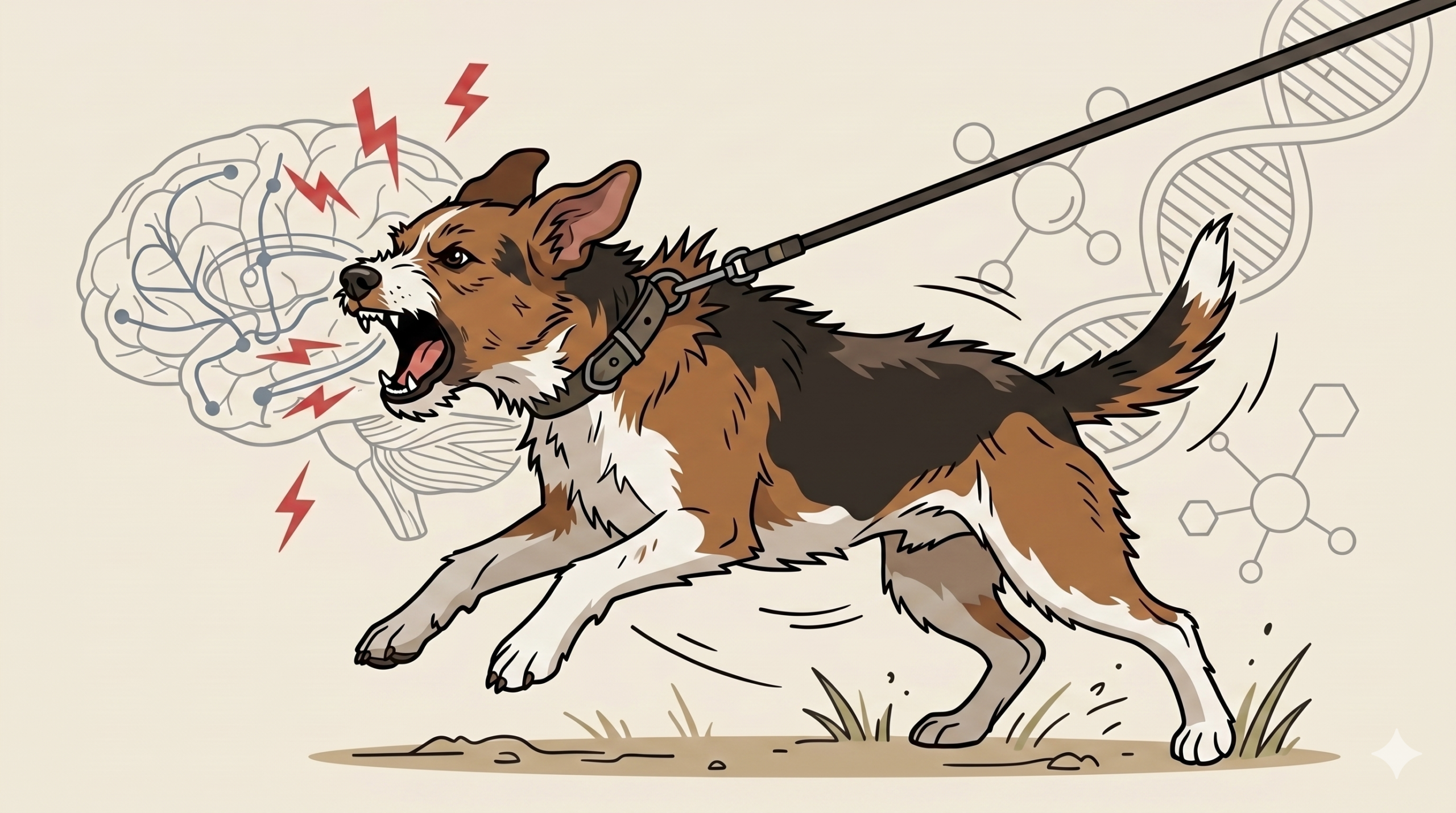 Illustration: Ein Mischlingshund springt an der straffen Leine nach vorne und bellt. Im Hintergrund deuten Symbole wie Gehirn und Blitze auf ein überreiztes Nervensystem und biologische Ursachen hin.