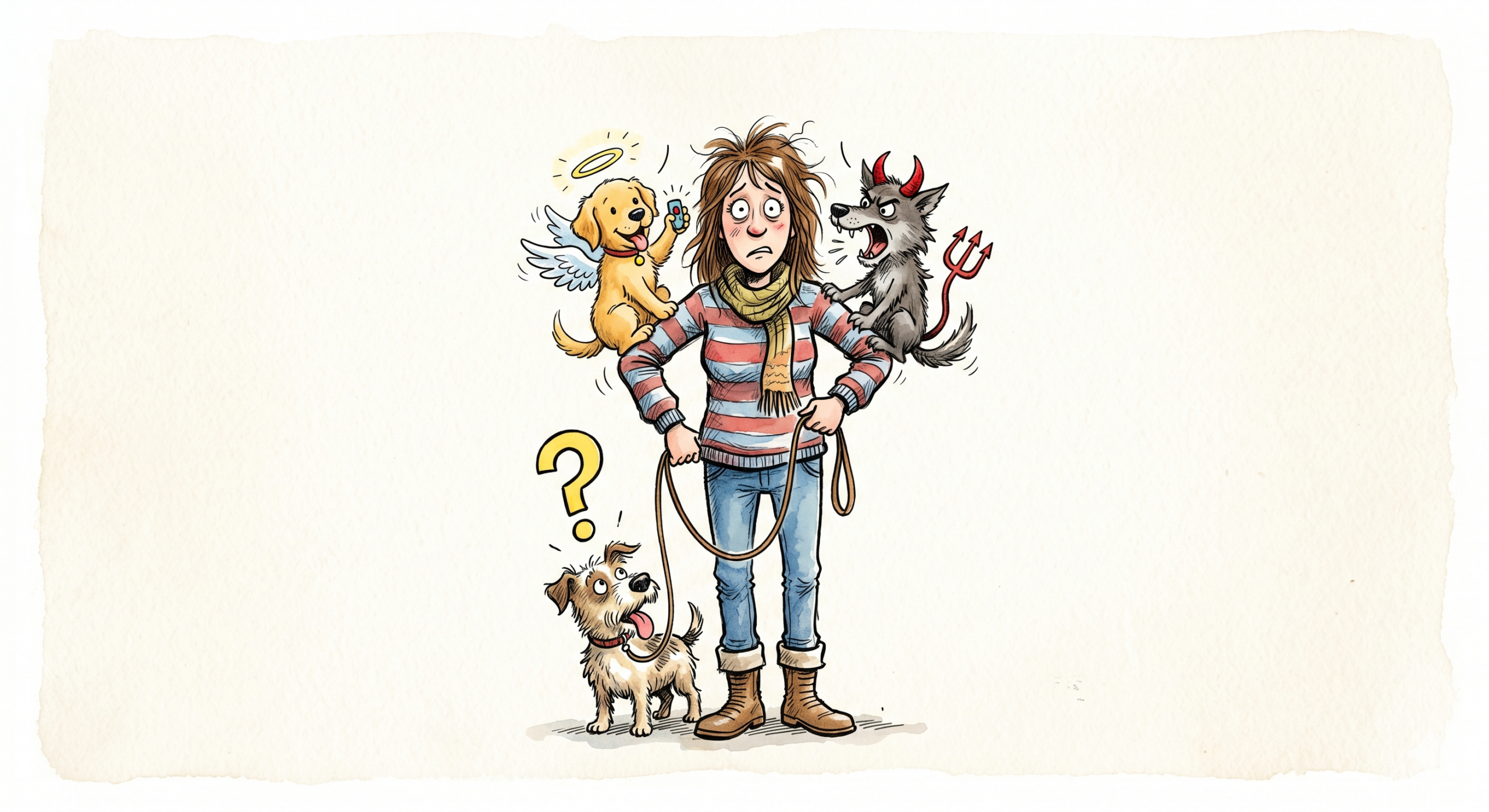 Eine humorvolle Karikatur zum Glaubenskrieg im Hundetraining: Ein verunsicherter Hundehalter mit seinem ratlosen Hund im Zentrum, während auf seinen Schultern ein kleiner Trainings-Engel mit Clicker und ein Trainings-Teufelchen als Wolf mit Hörnern aufeinander einreden.