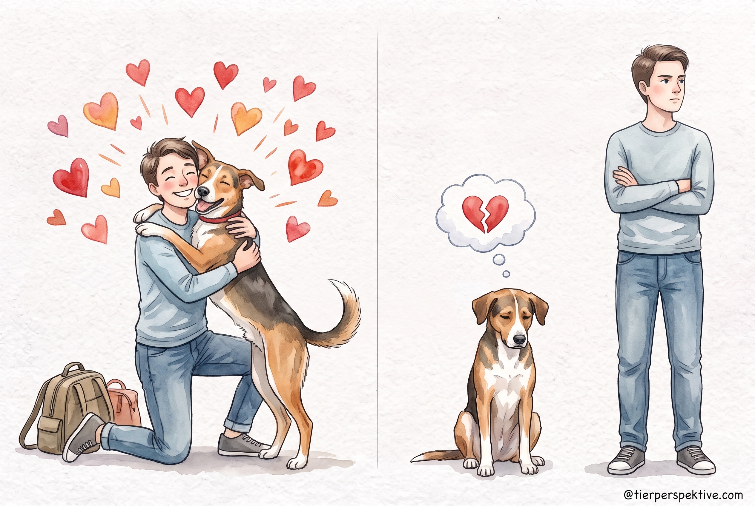 Kontrast: Ehrliche Mensch-Hund-Bindung vs. Training bei der Begrüßung Eine geteilte Aquarell-Illustration auf strukturiertem Papier. Links kniet ein Mann und umarmt seinen freudigen Hund zur Begrüßung, Herzen schweben über ihnen. Rechts steht derselbe Mann streng mit verschränkten Armen und ignoriert den Hund, der traurig dabeisitzt und ein gebrochenes Herz in einer Gedankenblase hat. Unten rechts das Wasserzeichen @tierperspektive.com.